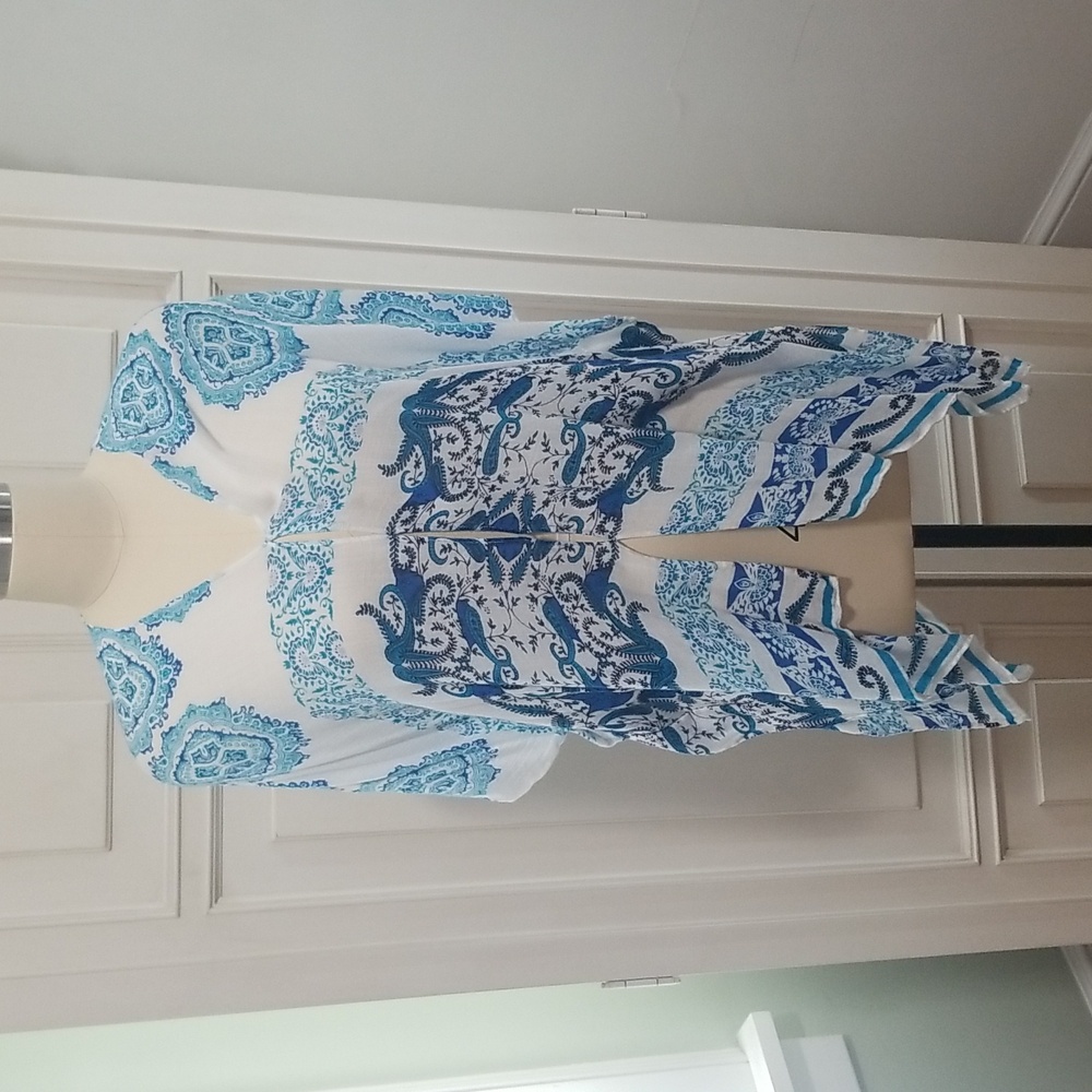 Chico's Medallion Paisley Print Ruana Wrap/Poncho size Large/ X-Large Blue/White